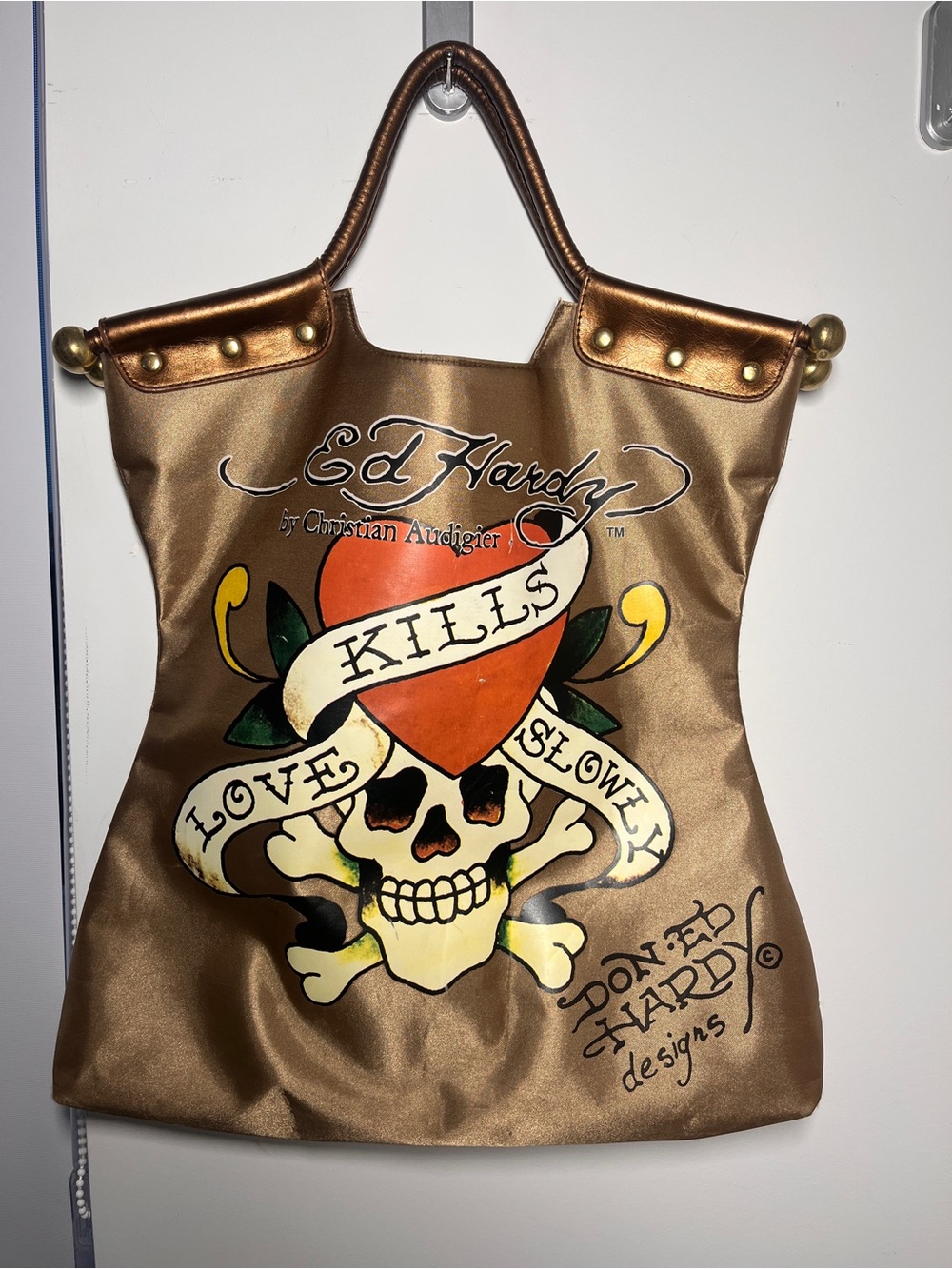 Ed Hardy Christian Audigier Bronze Tote Love Kills Slowly